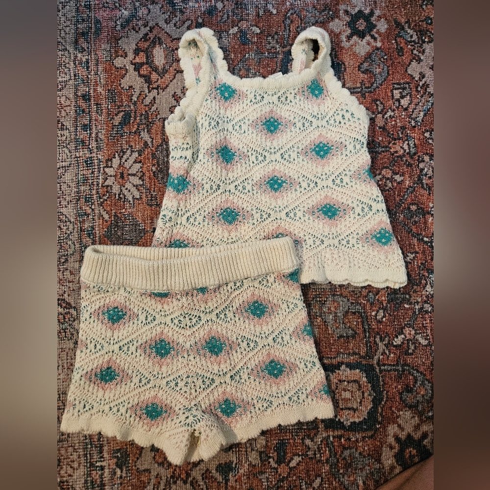 Jessica Simpson Cream Knit Tank & Shorts Set with Teal and Pink Diamond Motif